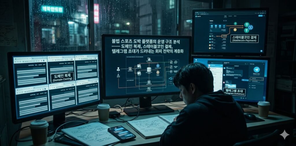 불법 스포츠 도박 플랫폼의 운영 구조 분석 — 도메인 복제, 스테이블코인 결제, 텔레그램 초대가 드러내는 회피 전략의 계층화