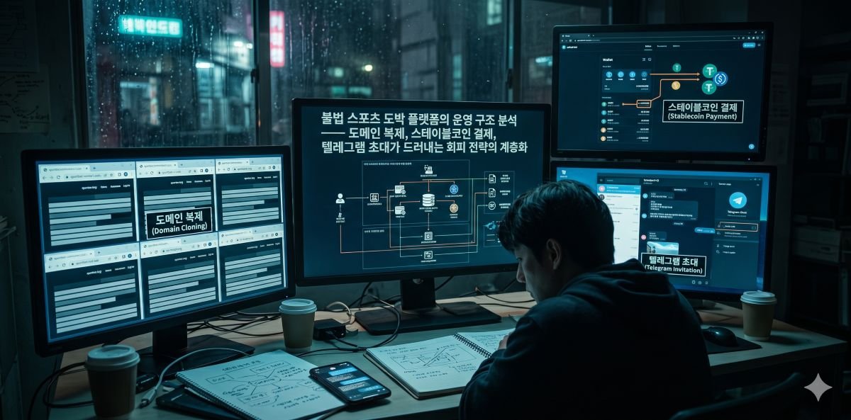 불법 스포츠 도박 플랫폼의 운영 구조 분석 — 도메인 복제, 스테이블코인 결제, 텔레그램 초대가 드러내는 회피 전략의 계층화